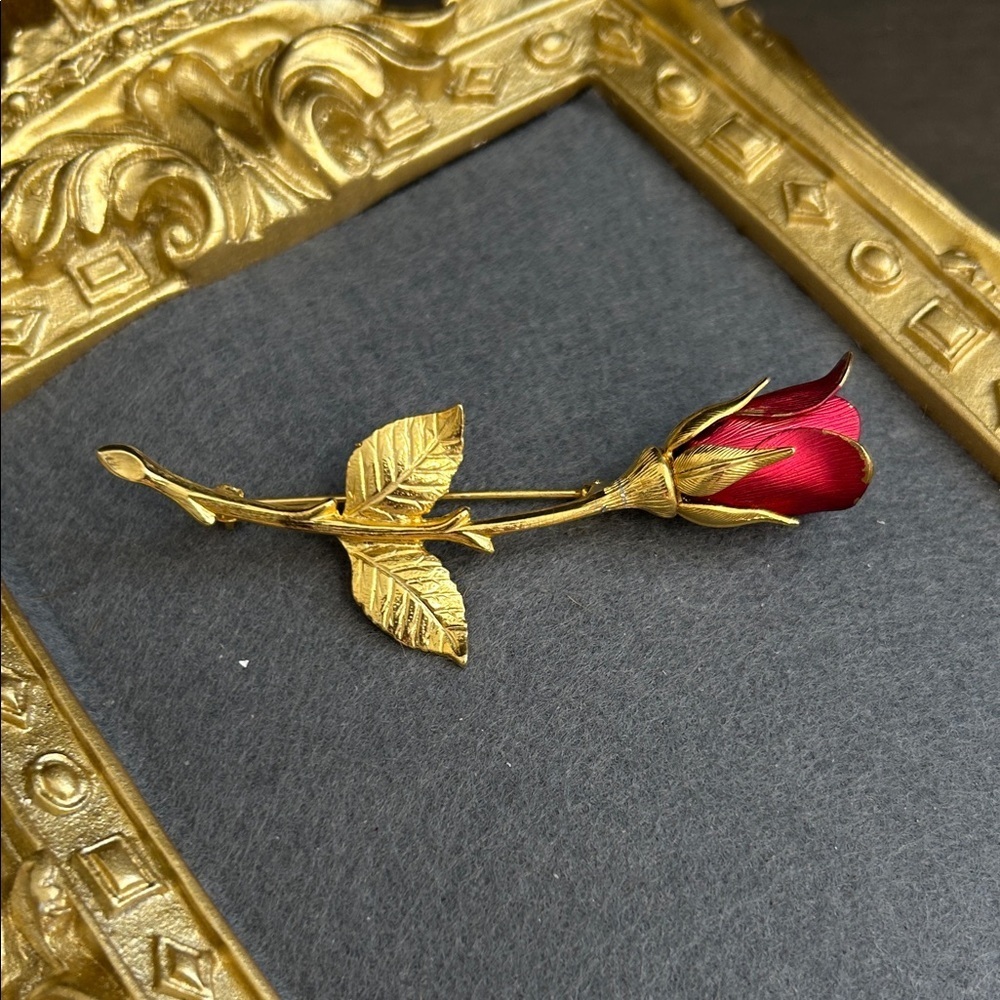 Gold-Tone Red Rose Floral Brooch